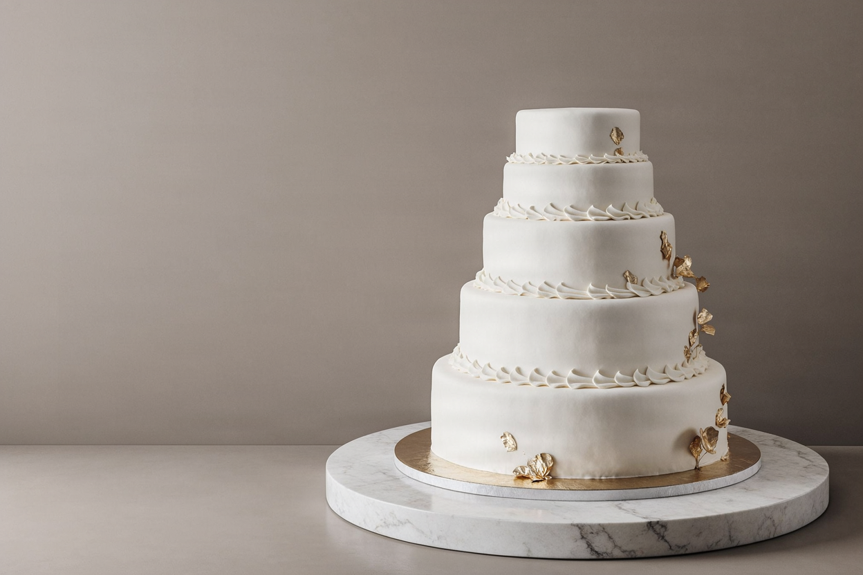 Hyper-realistic luxury editorial product photograph of a multi-tiered custom wedding cake with white fondant and gold leaf detailing on a marble pedestal.